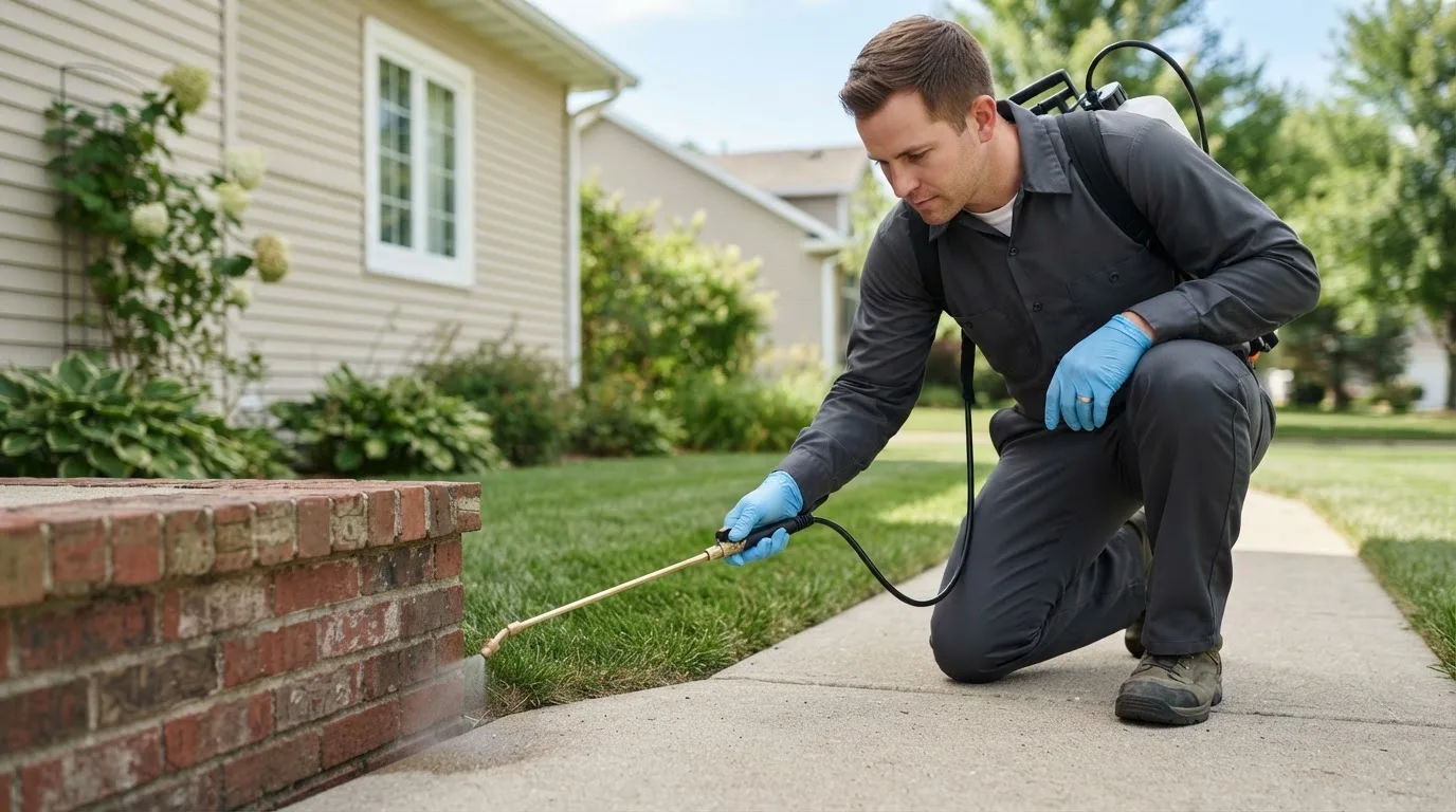 Pest control technician treating a home near Aston, PA